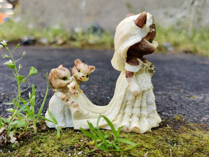 Koristefiguuri kissamorsian ja morsiusneidot.