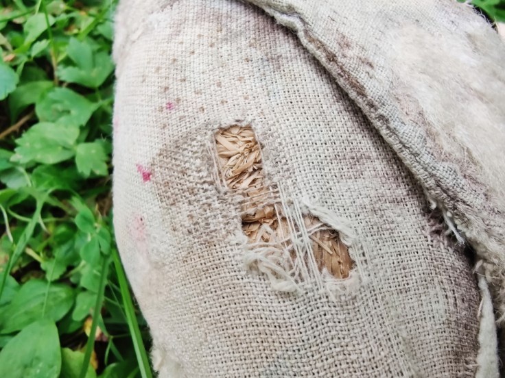 Yöpuvun säilytykseen tarkoitettu koiran muotoinen pussi 1950-luvulta, yksityiskohta olkitäytteestä.